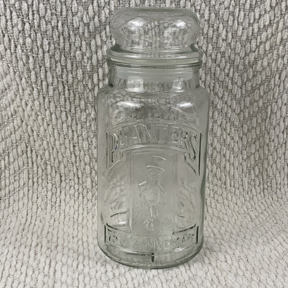 Vintage Classic Planters Peanut 75th Anniversary‎ Clear Glass Jar w Lid 1981